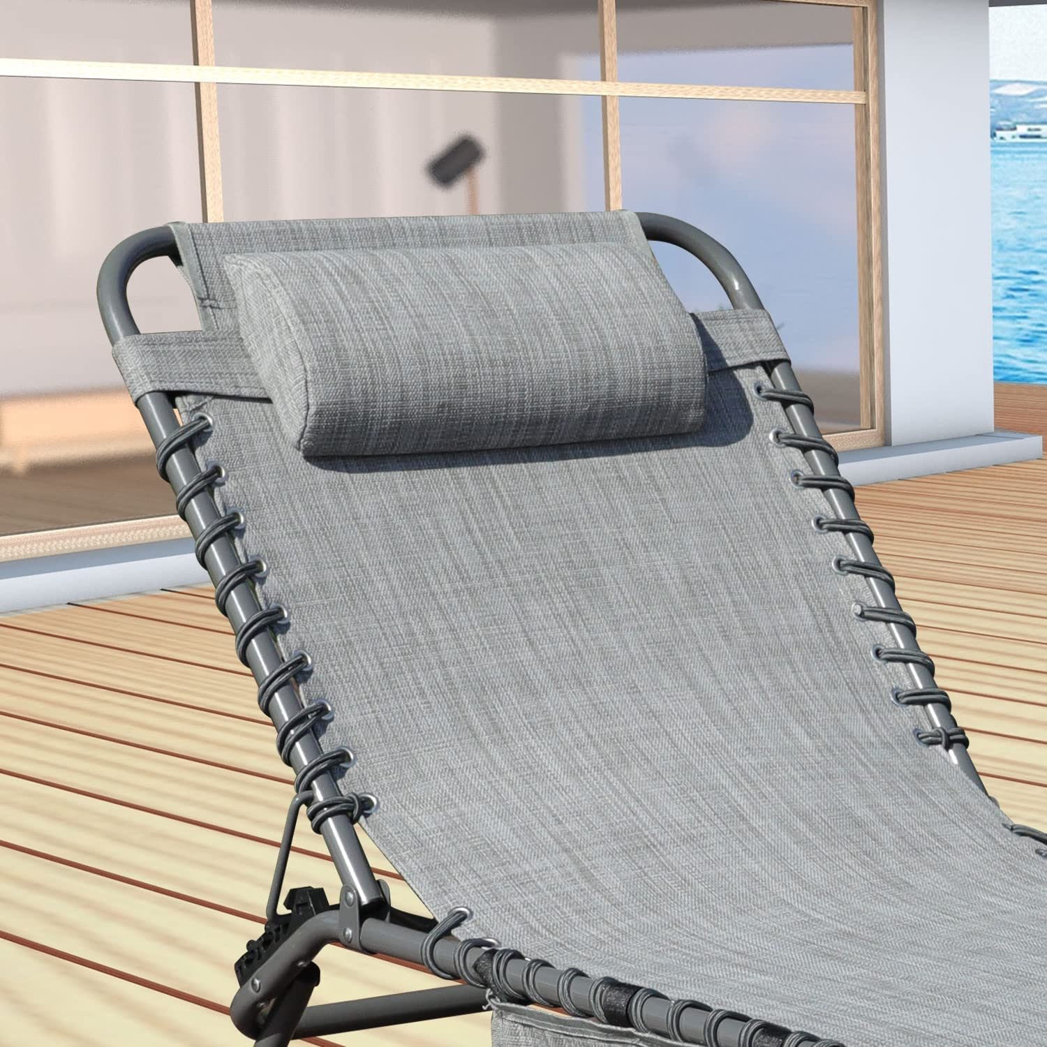 Foldable Patio Chaise Lounge Chair for Outdoor with Detachable Pocket and Pillow, Portable Adjustable Sun Lounger Recliner for Beach, Camping and Pool Doba